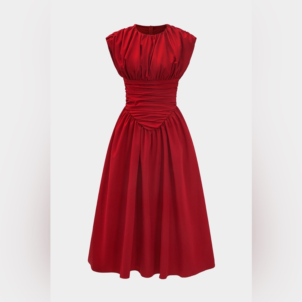 Elegant Red Ruched Waist Midi Dress